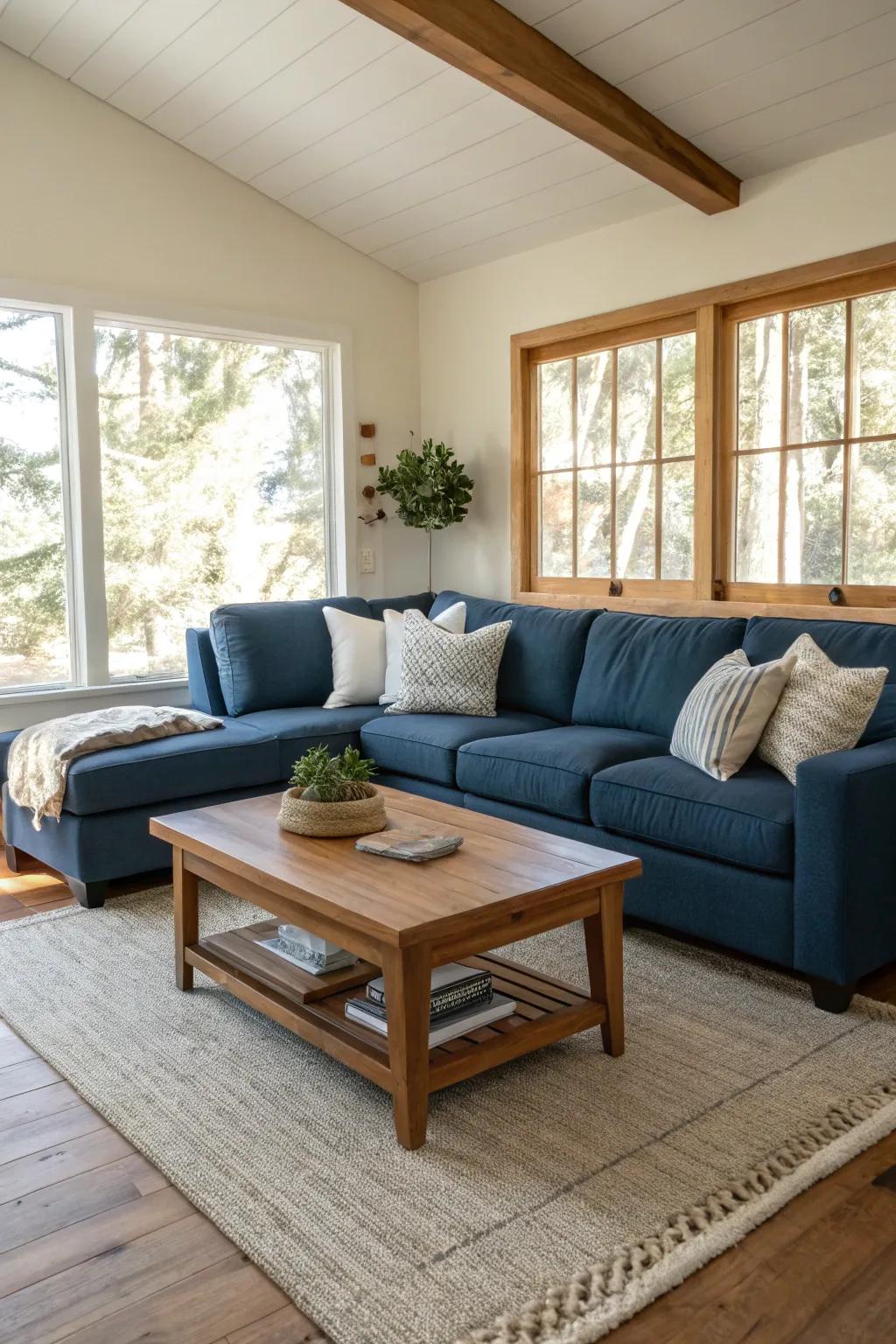 Mixing textures with your blue sectional brings an intriguing depth and character to your living space. 🌿✨ #TexturedDesign #LivingRoomVibes