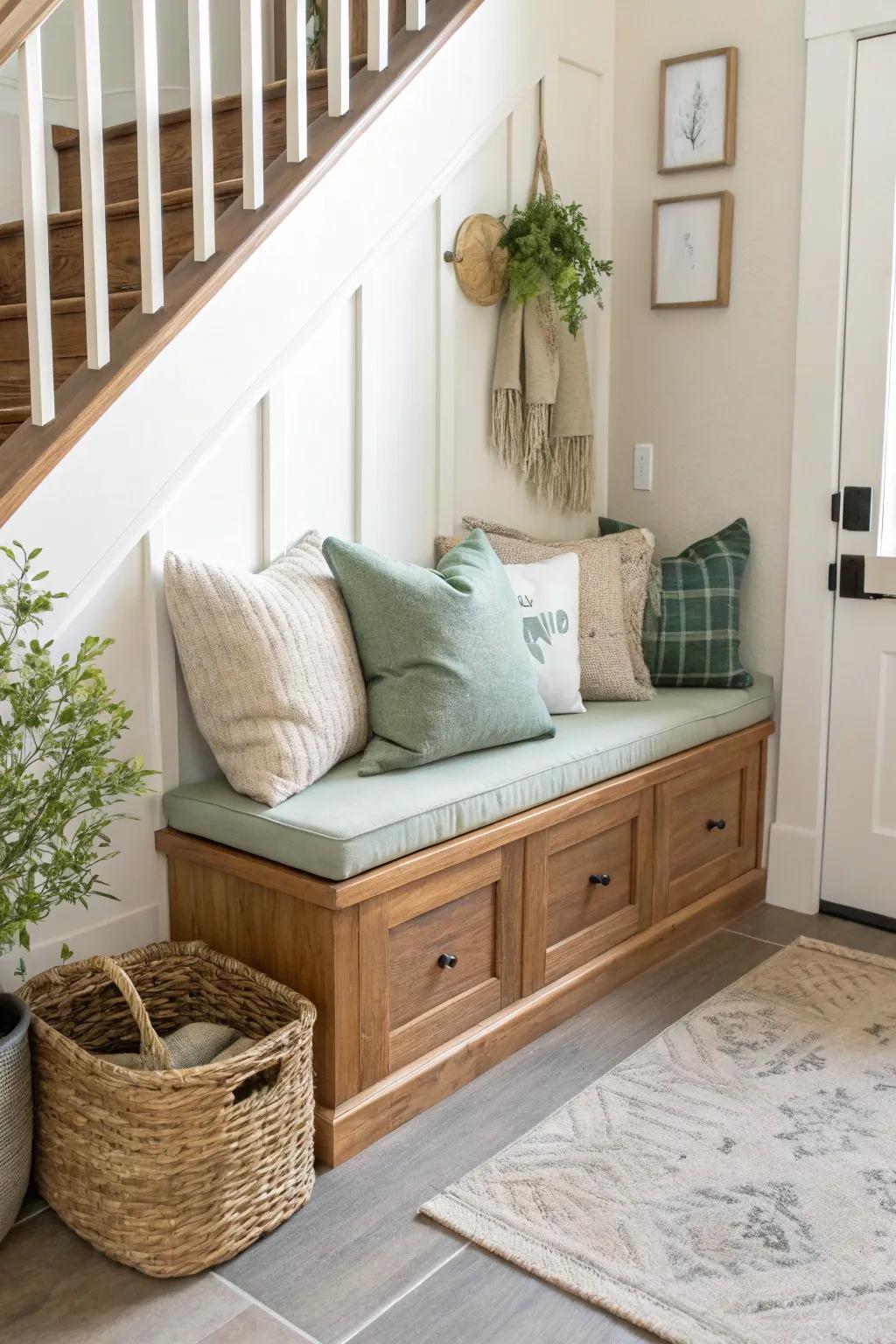 🌟 Corner benches make the most of every inch in your entryway! #SpaceSaver #EntrywayDesign #HomeInspiration