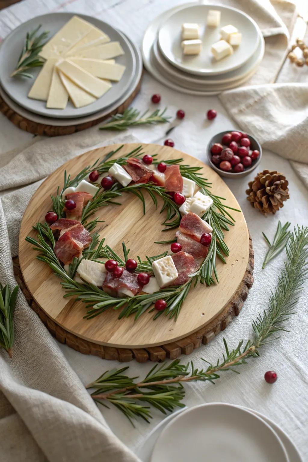 A rosemary wreath charcuterie board brings elegance and aroma to your festive table. #HolidayWreath #CharcuterieLove