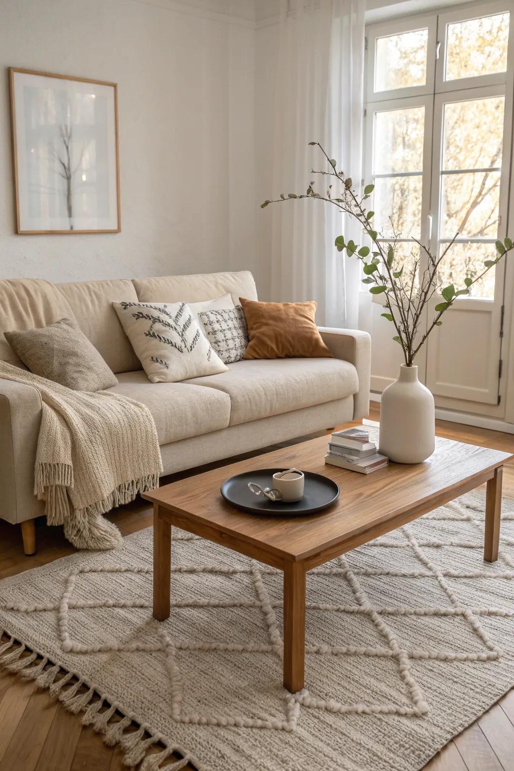 Anchor your couch with a plush area rug to bring the room together seamlessly.