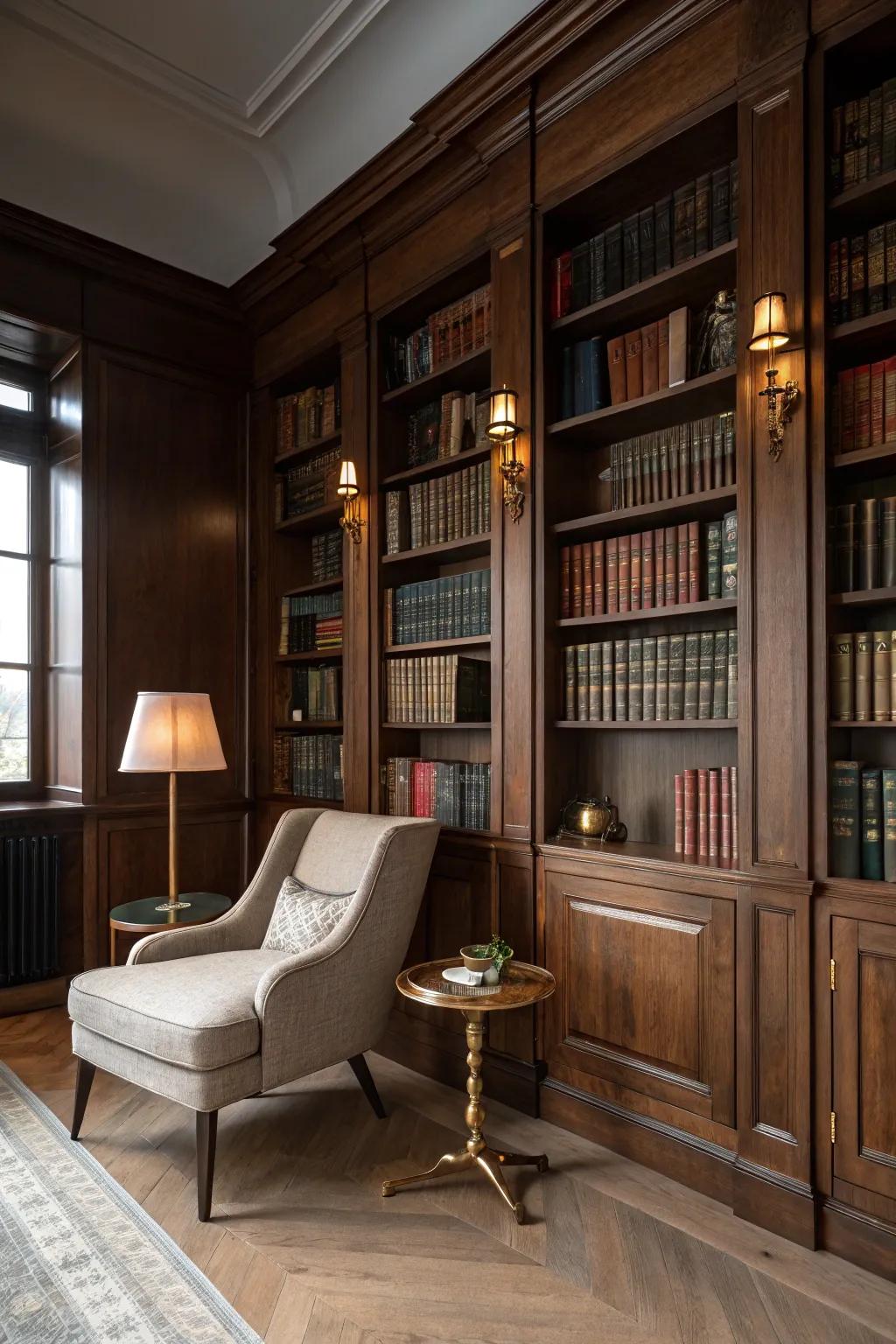 A wall of wisdom awaits with these stunning book-filled shelves, perfect for any academic enthusiast.