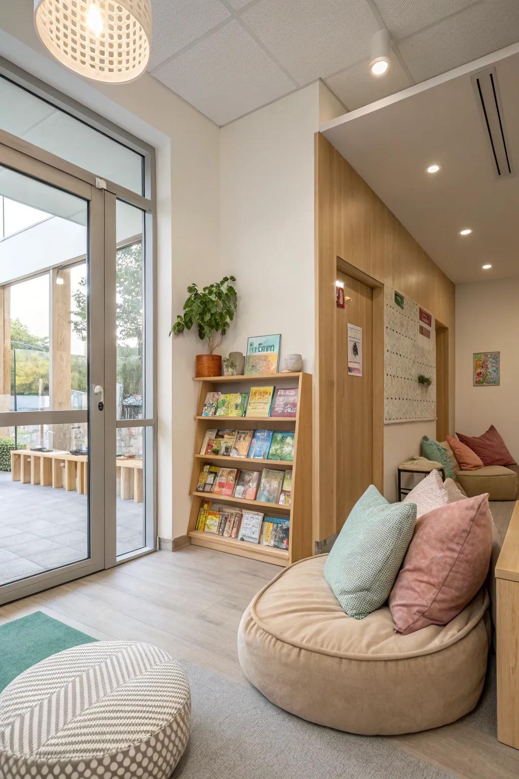 A cozy waiting area with books makes waiting enjoyable for both kids and parents. 📚 #DaycareDesign #FamilyFriendly
