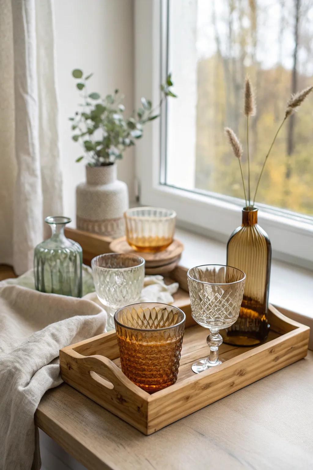 Add character to your drink station with a collection of vintage glassware that tells a story. #VintageStyle #DrinkDisplay