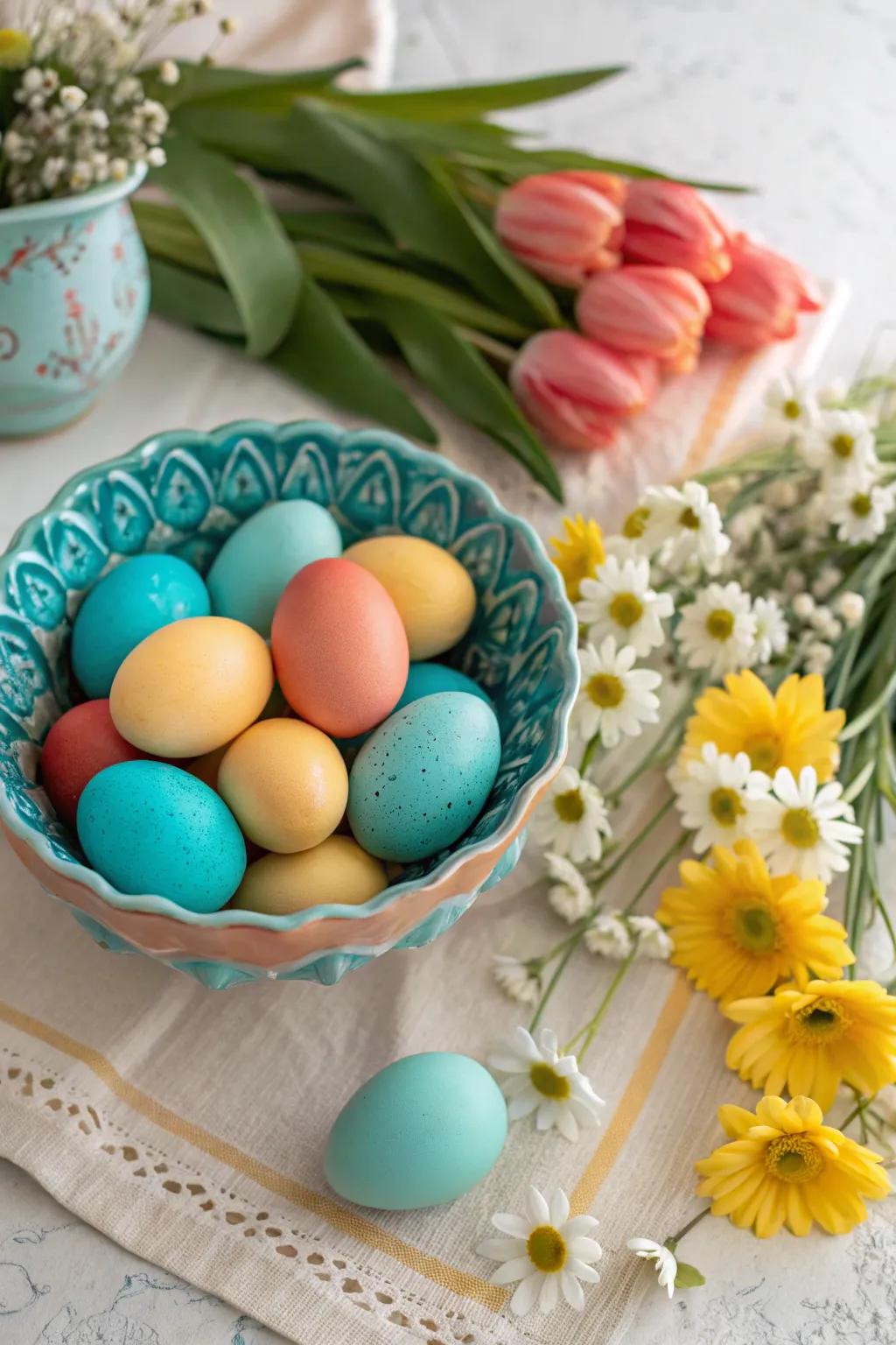 Bring a burst of color to your Easter table with a playful pastel egg display. 🐣 #EasterDecor #SpringVibes