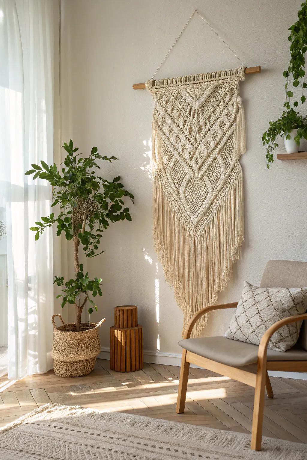 Introduce artistic flair with a macramé piece that adds depth and interest to your walls. 🎨 #ArtisticHome #BohoChic