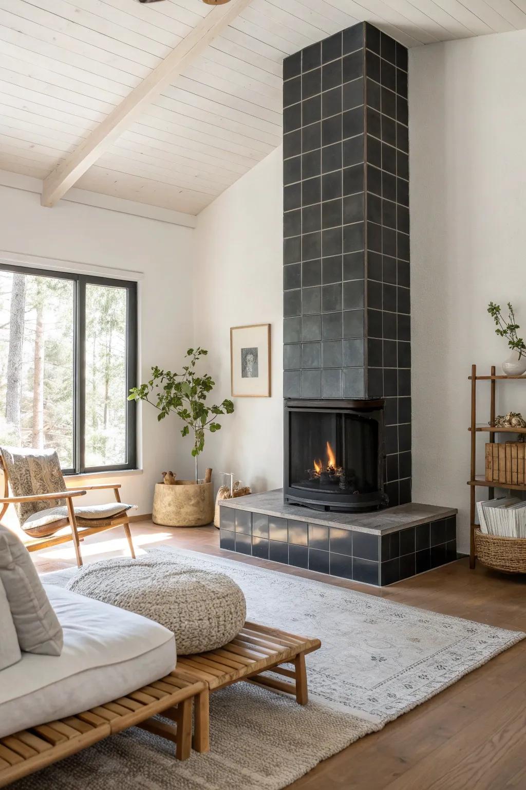Make a bold statement with dark tiles that create a dramatic contrast, turning your fireplace into a stunning focal point. #InteriorDesign #FireplaceDecor