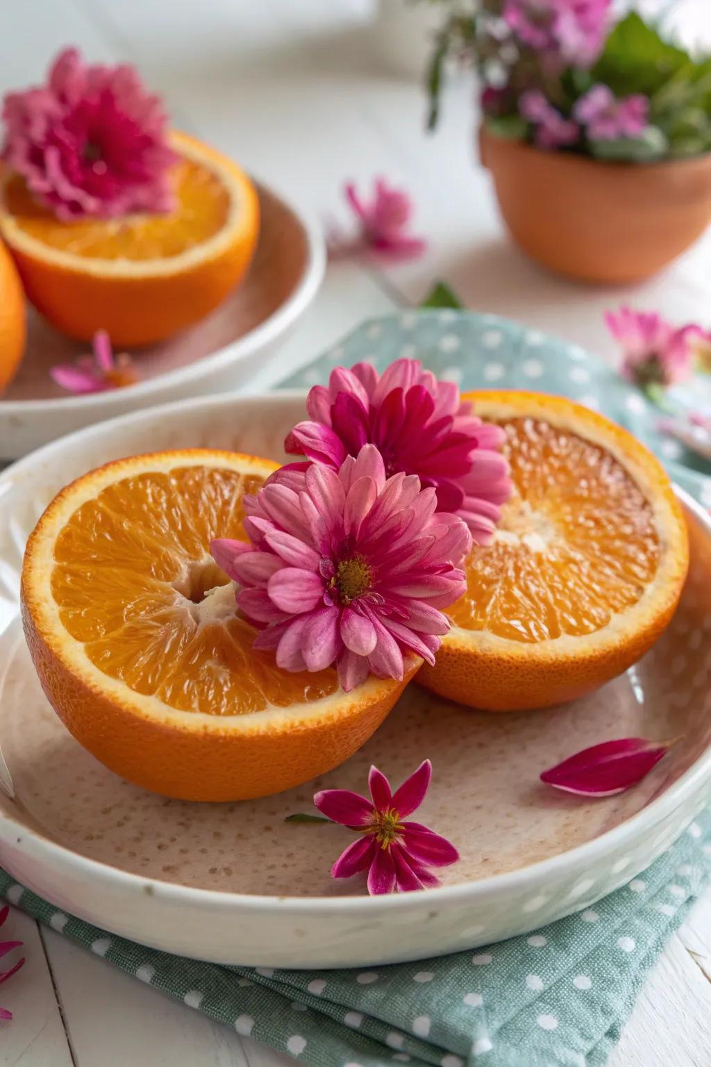 ✨ Transform oranges into blossoming decor that delights your senses. #FruitArt #TableDecor #HomeInspiration