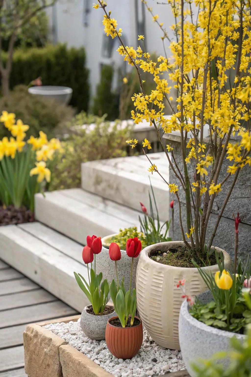 Combine forsythias and tulips for a delightful spring symphony of colors. 🌼🌷 #SpringGarden #FlowerPower
