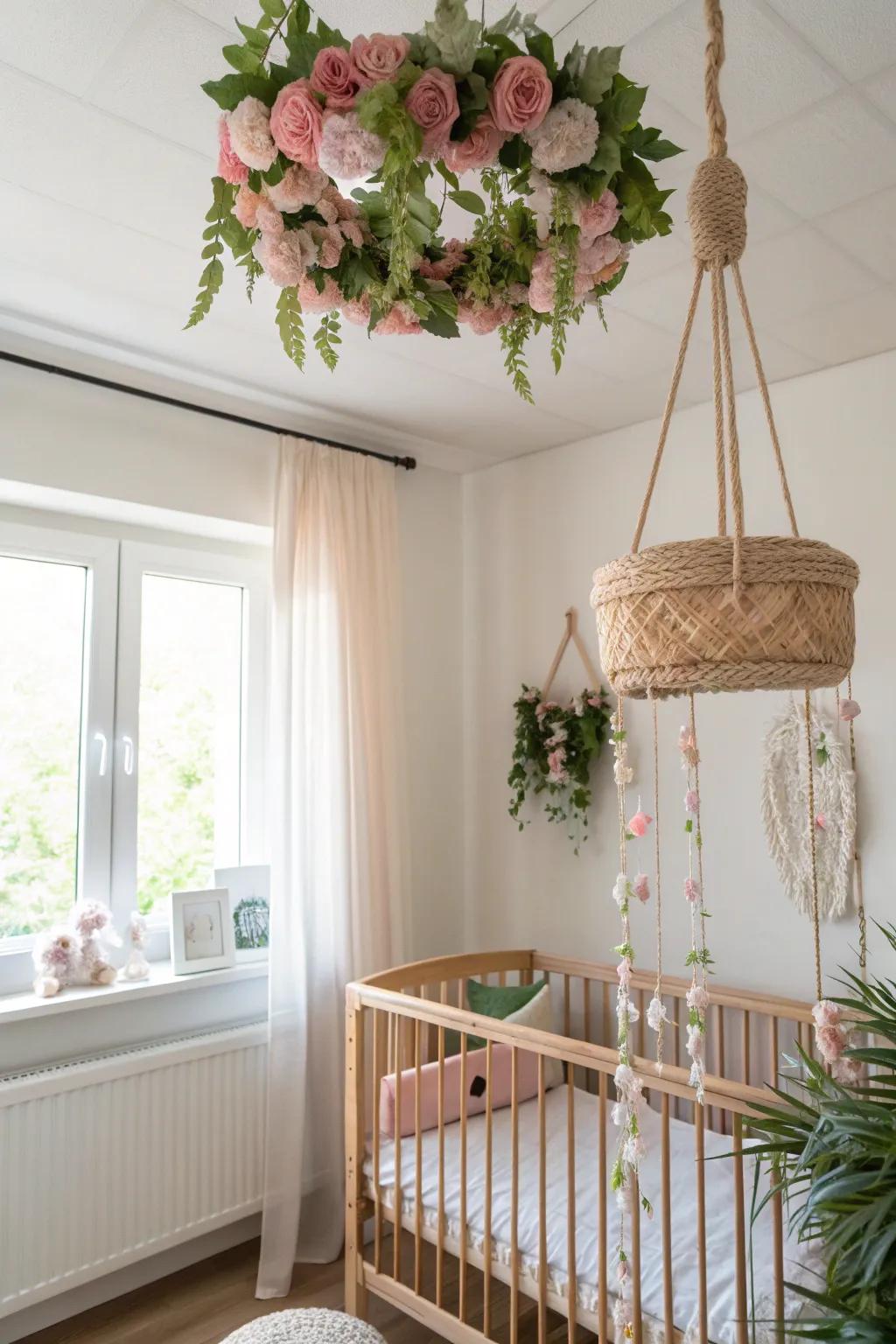 Delight your baby with a floral ceiling mobile that dances in the air. 🌸🌿 #NurseryDecor #FloralMobile