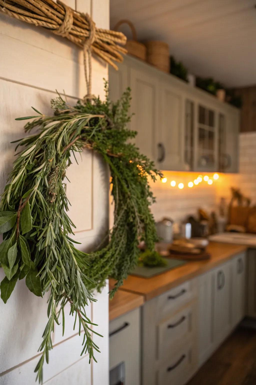 Embrace the aroma of fresh herbs with this delightful kitchen wreath. 🌿 #HerbWreath #KitchenDecor