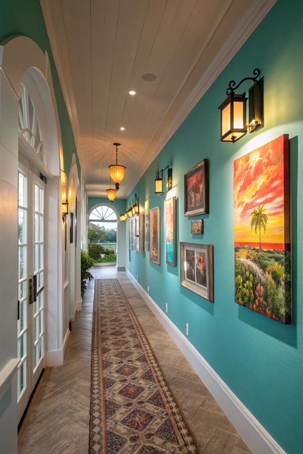 Illuminate your hallway art with adjustable sconces for a gallery-inspired look. 🎨 #HomeArt #GalleryWall #LightingDesign