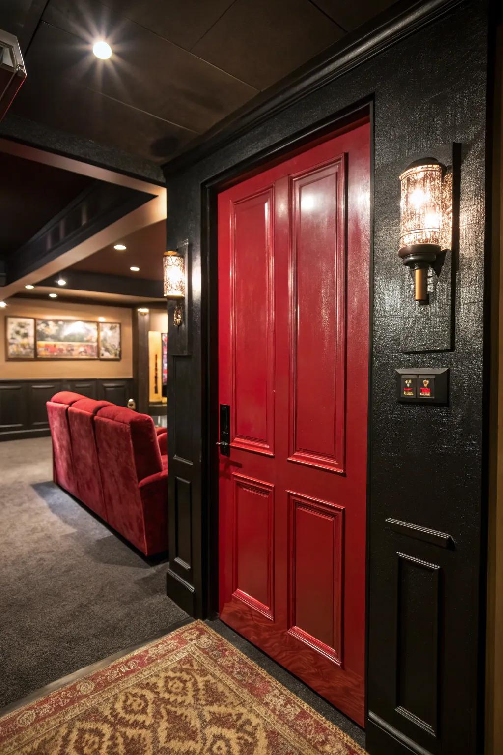 Make a dramatic entrance with a bold red door that turns your home theater into a statement space. #BoldDesign #TheaterStyle