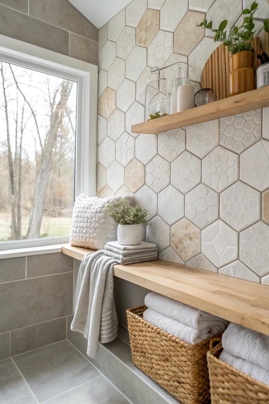 Embrace modern elegance with hexagonal tiles, perfect for a contemporary laundry room. #ModernDesign #TileTrends #LaundryRoom
