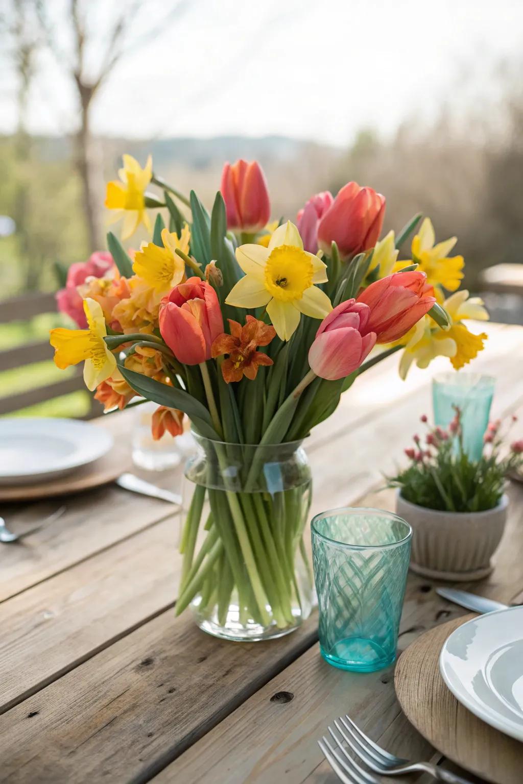 Brighten your dining space with a cheerful floral centerpiece. 🌷 #TableDecor #FloralArrangements