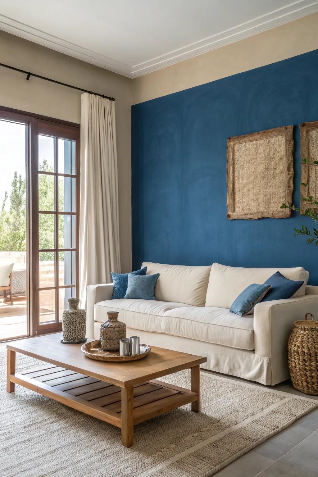 A blue accent wall adds depth and drama to a neutral room. #InteriorDesign #ColorPop