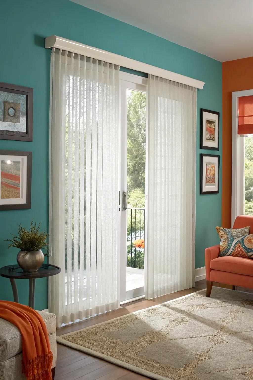 Sheer vertical shades offer a soft, elegant light diffusion for a cozy ambiance. 🌿✨ #HomeDecor #LivingRoomGoals