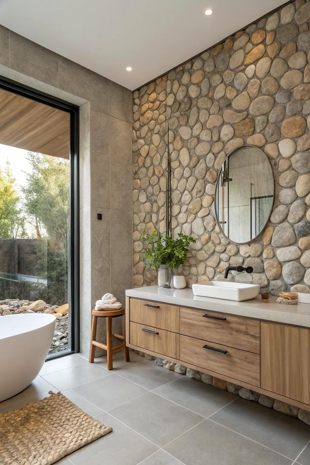 Make a bold statement with a textured pebble accent wall. 💧 #AccentWall #NaturalTextures #HomeDecor