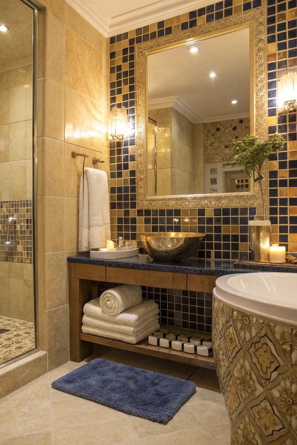 Shine bright with metallic mosaics that add a luxe touch to your bathroom haven.