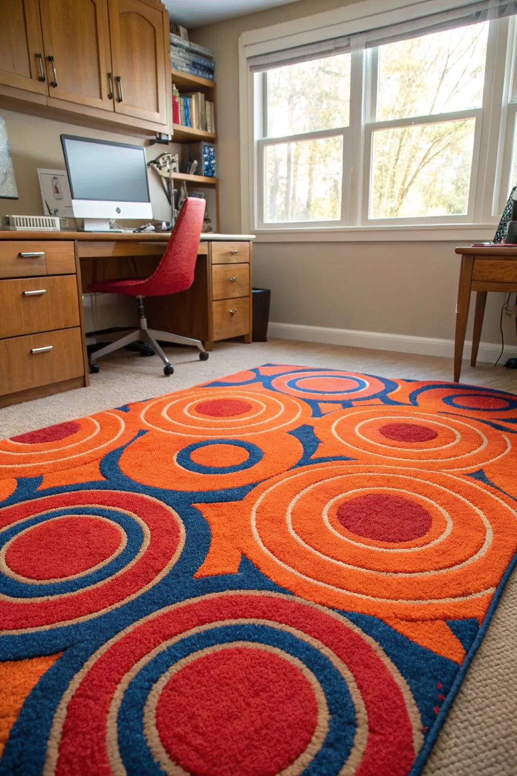 Bring depth and intrigue to your home office with a rug that features mesmerizing concentric circles. 🌟 #HomeOffice #OpArt #DecorInspiration