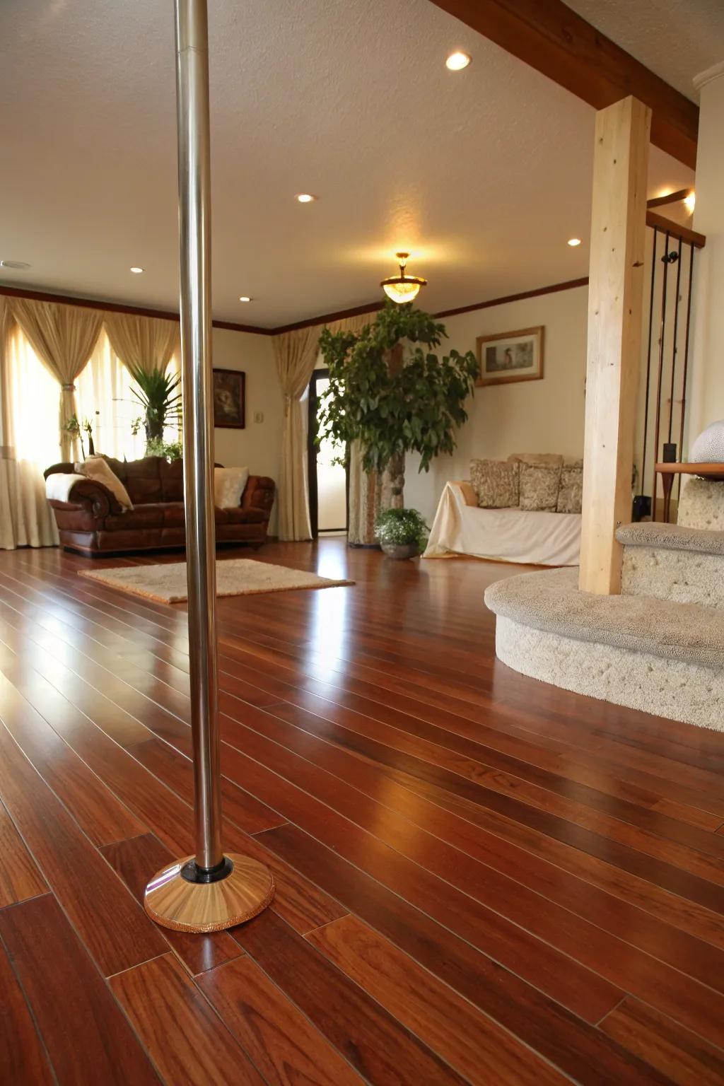 Dance effortlessly on smooth wooden floors that offer both style and functionality.