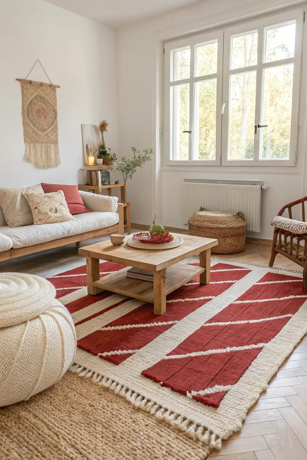 Layer your way to cozy sophistication with red and cream rugs. #InteriorDesign #CozyVibes