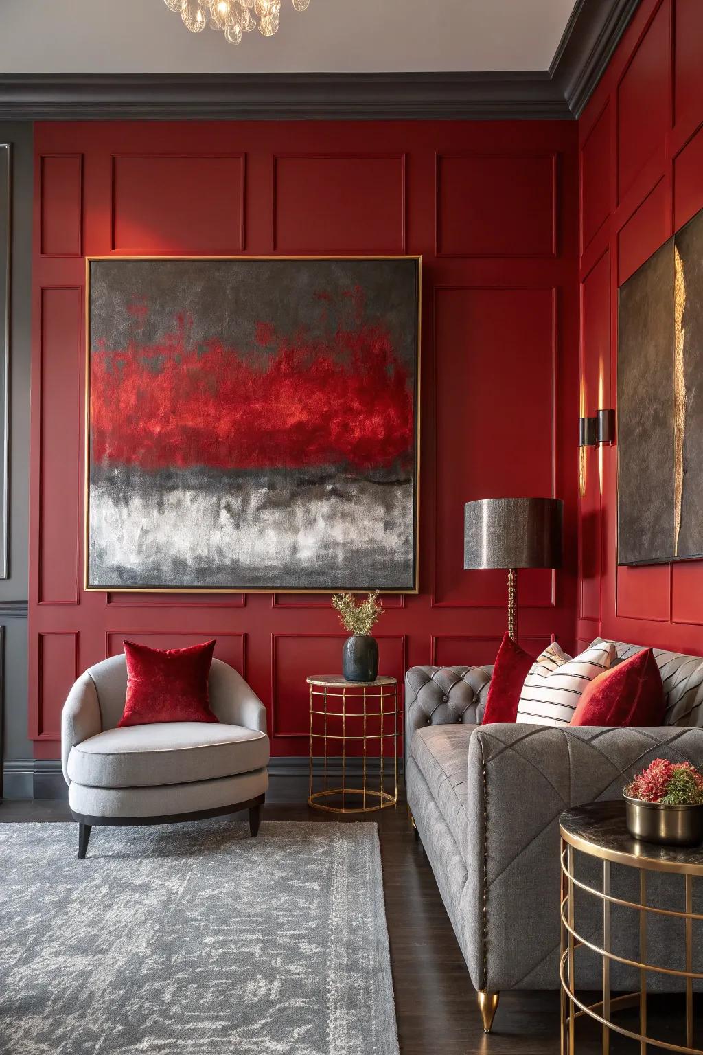 Art that speaks to you: Red and gray pieces add depth and harmony to your room. 🎨 #ArtInspiration #HomeDecor