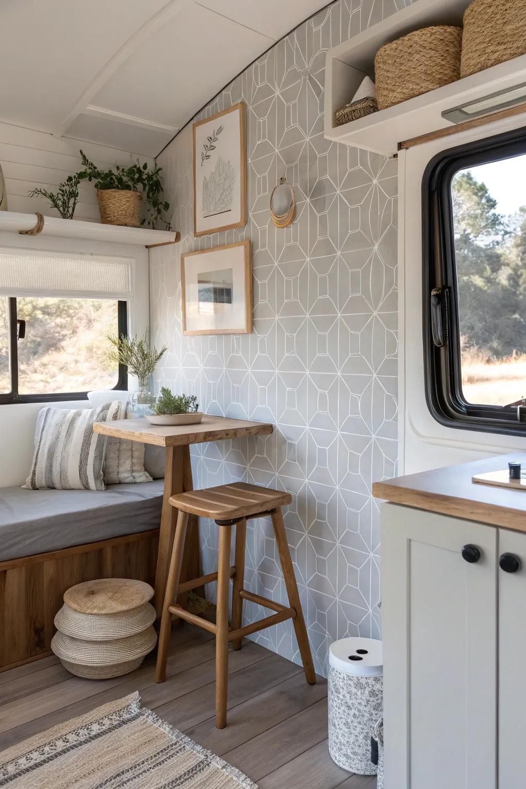 Patterned accent walls bring depth and interest to your RV space. #AccentWall #RVDecor #PatternLovers