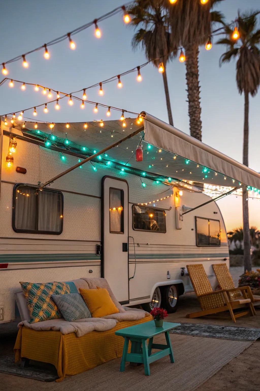 Turn your RV campsite into a dreamy escape with twinkling string lights! #OutdoorLiving #RVStyle