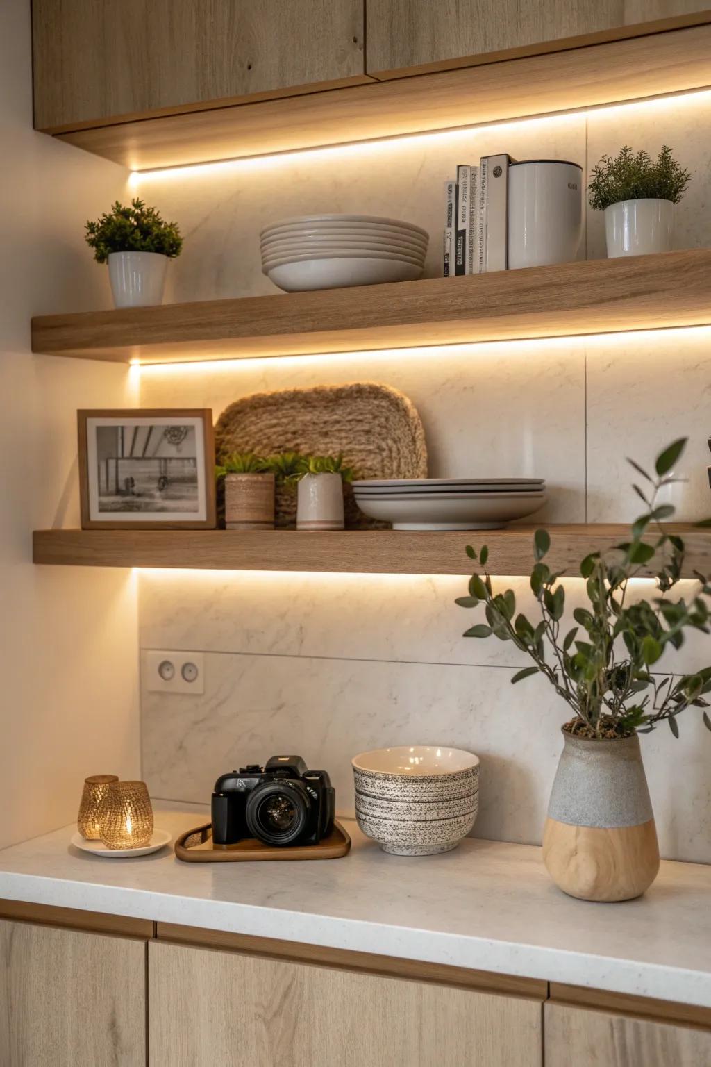 Create a warm and inviting ambiance with under-shelf lighting that’s perfect for any kitchen space. #KitchenDesign #HomeDecor