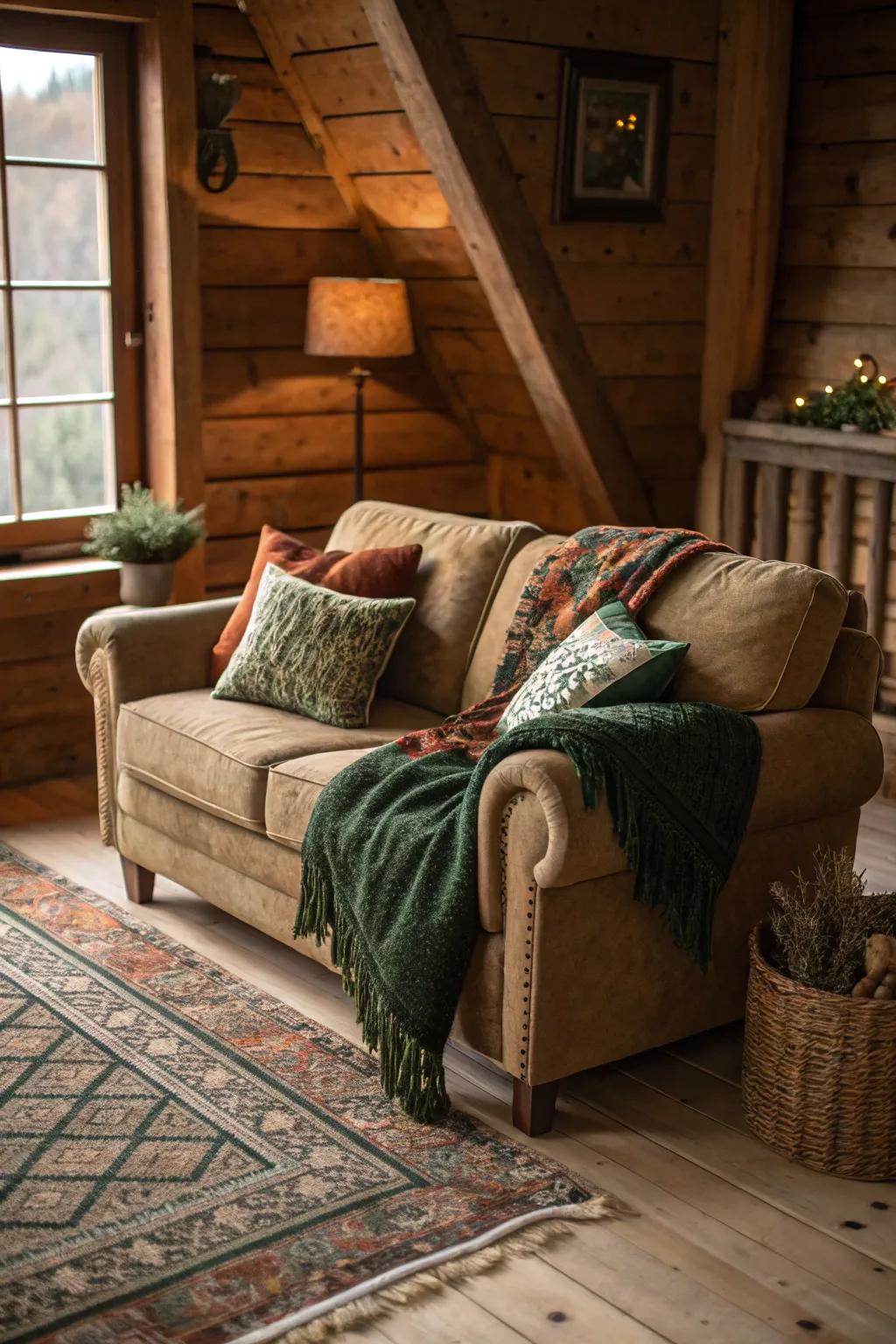 Sink into comfort with plush furniture in warm, earthy tones.