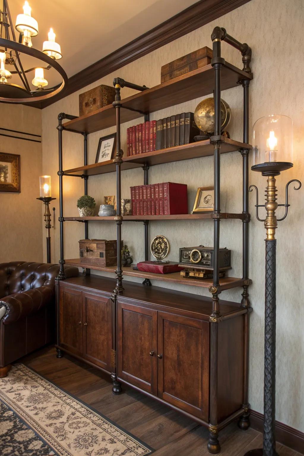Industrial pipe shelving adds a bold, mechanical edge to your steampunk sanctuary. 🛠️ #IndustrialStyle #SteampunkDecor
