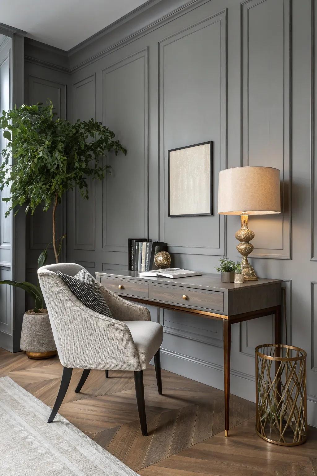 Embrace modern elegance with classic gray tones in your study space. #InteriorInspiration #StudyRoom