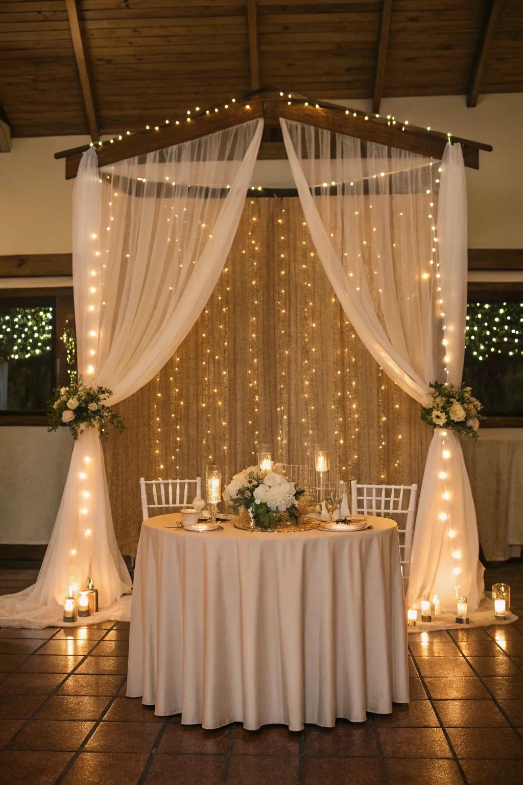 Twinkling string lights cast a warm glow, turning your sweetheart table into a magical focal point. ✨ #LightingMagic #TableDecor