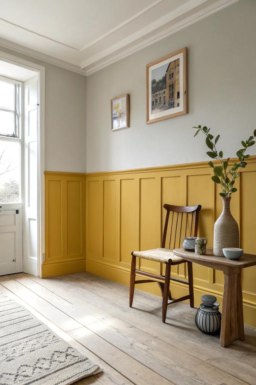 Make a bold statement with painted wainscoting caps that add lively contrast to your walls. 🎨 #ColorPop #InteriorDesign #BoldDecor