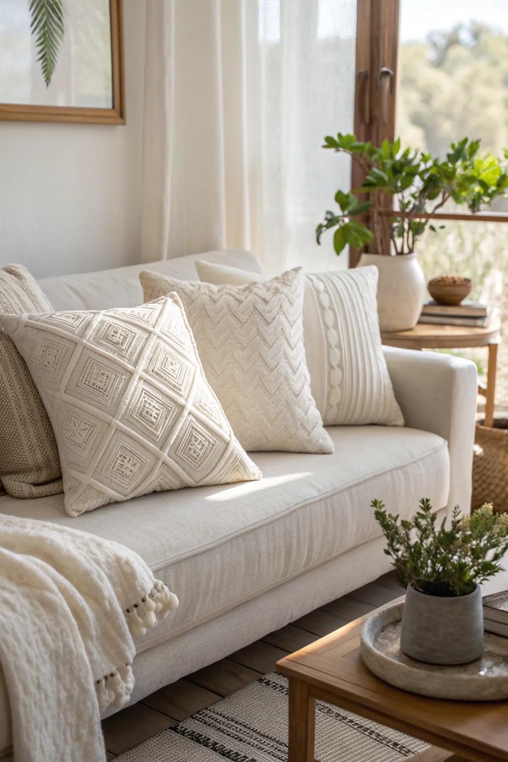 Layered white cushions add a touch of elegance and comfort to any seating area. #CushionLove #CozyVibes