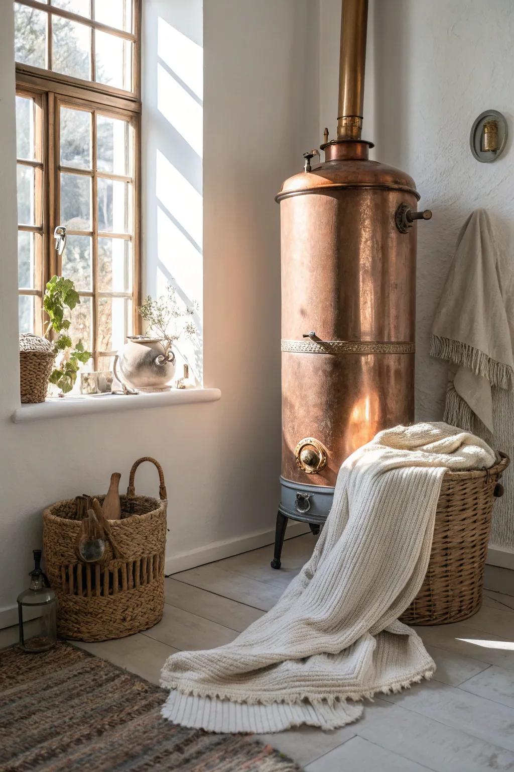 Keep cozy and chic with vintage-inspired blanket storage in a copper boiler.