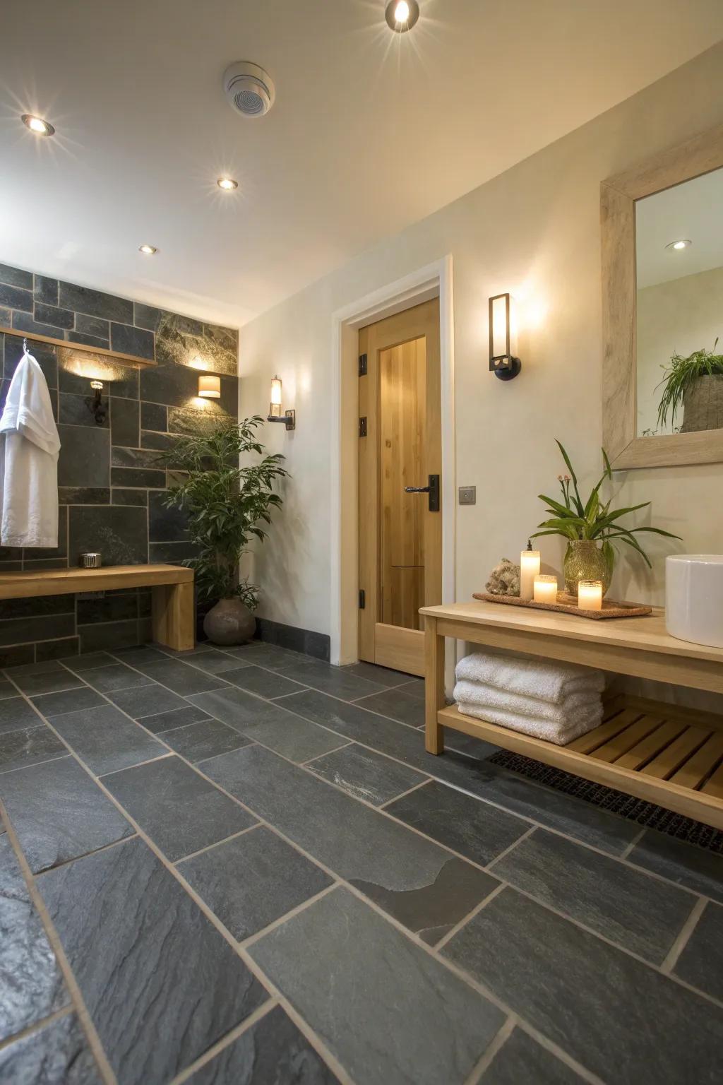 Strategic lighting brings out the natural beauty of slate floors, adding depth and drama to your bathroom.