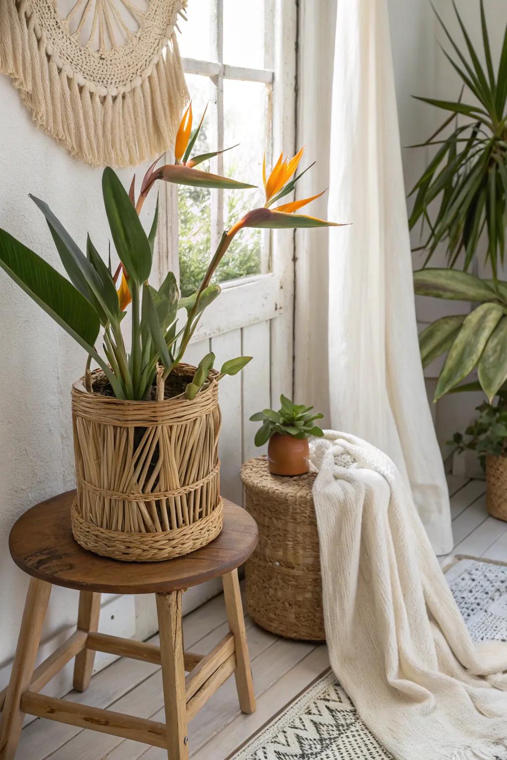 Bring rustic charm to your home with Bird of Paradise in natural containers.