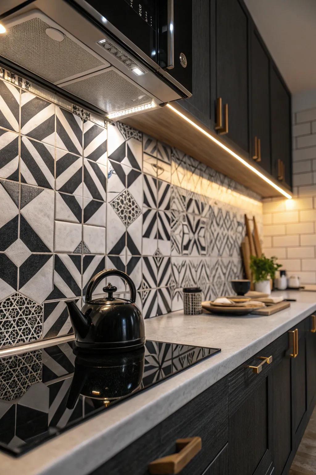 Geometric patterns add a contemporary edge to this sleek kitchen design.