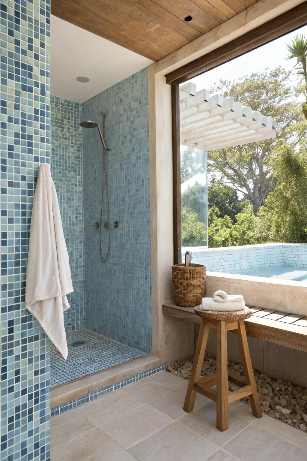 Turn your shower into an artistic masterpiece with a stunning blue mosaic.