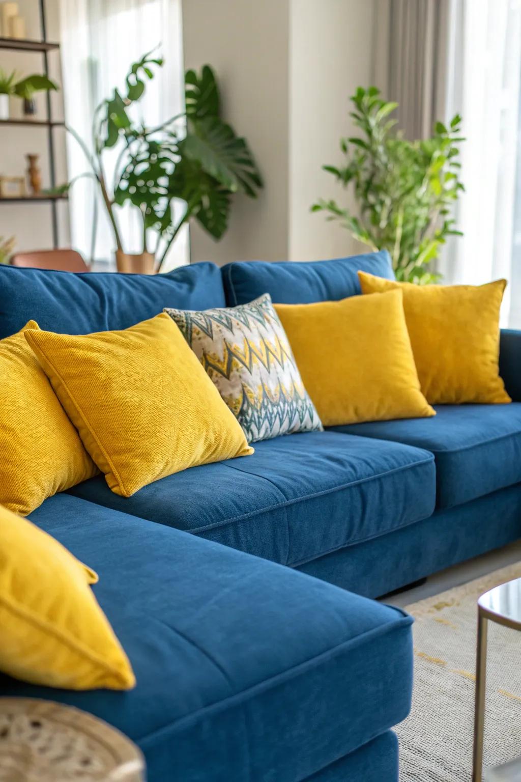 Yellow accents bring a burst of sunshine to a blue sectional, creating a vibrant and joyful living space.