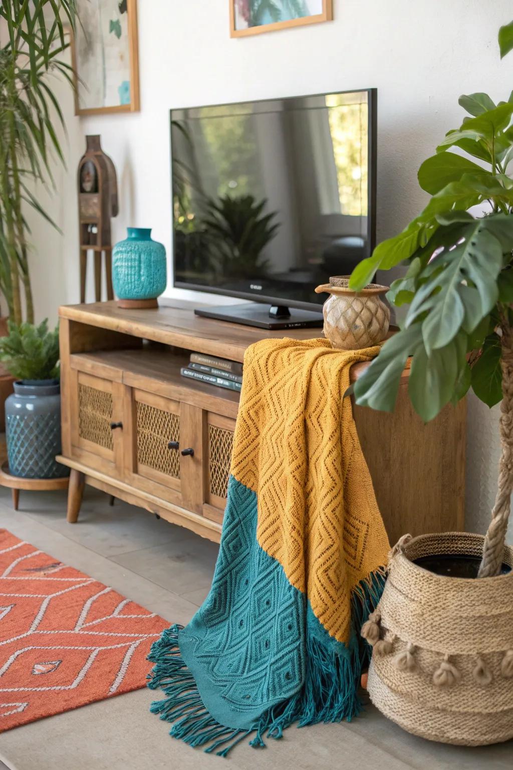 Infuse your living area with color and warmth through vibrant textiles.