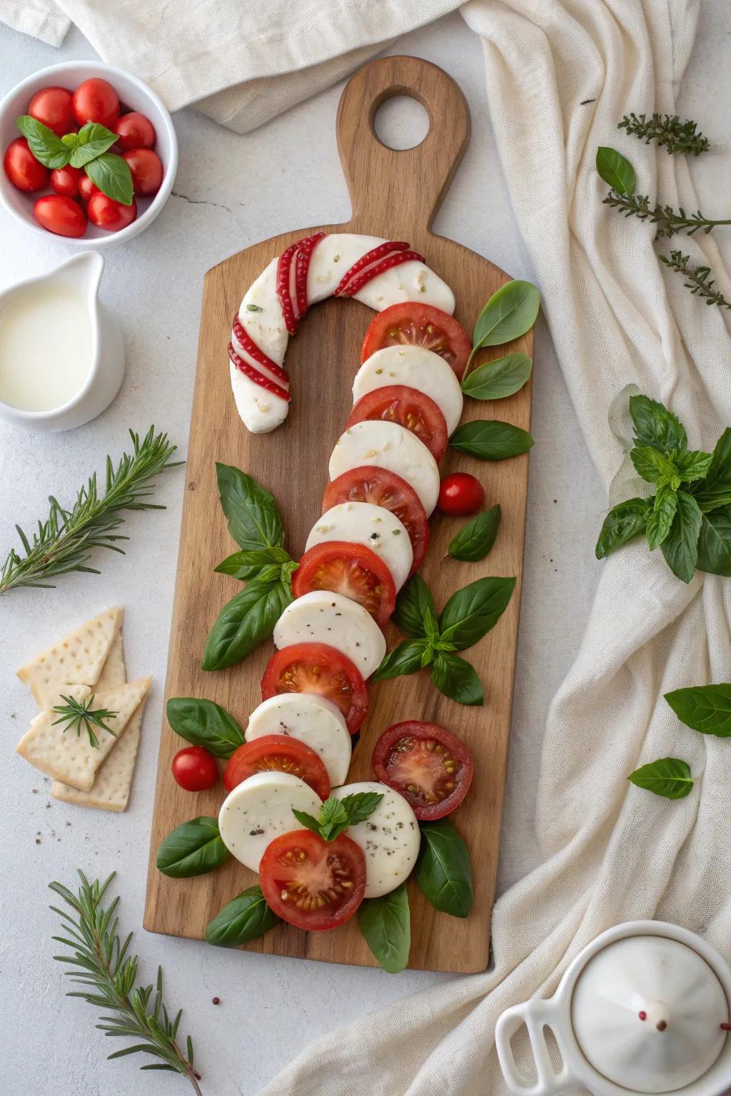 Add a savory twist to your holiday decor with a caprese candy cane that tastes as good as it looks.