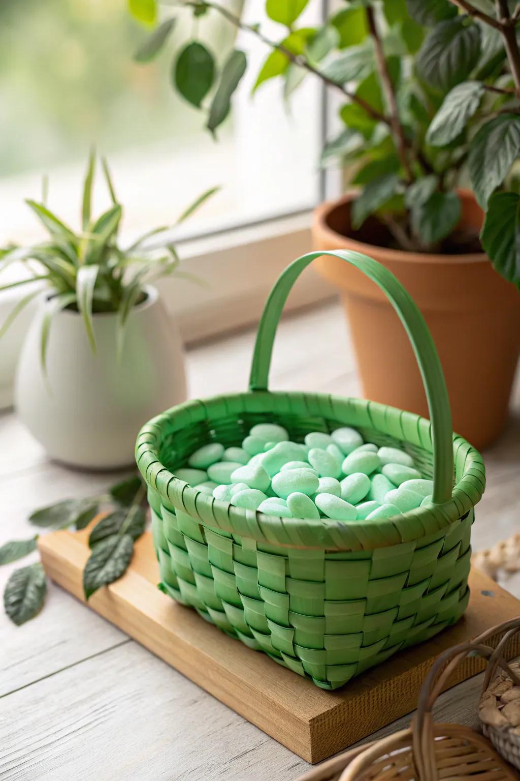 Embrace nature with a green-themed basket that refreshes and rejuvenates.