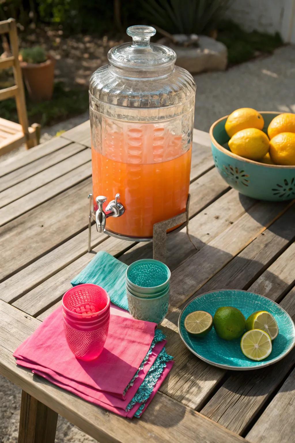 Encourage interaction with stylish beverage dispensers that let guests serve themselves with ease.