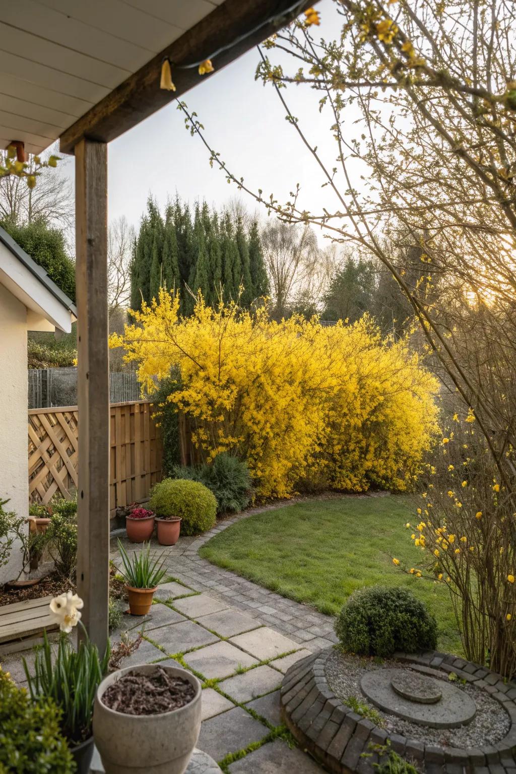 Transform your garden boundary with a lively forsythia hedgerow that offers privacy and beauty.