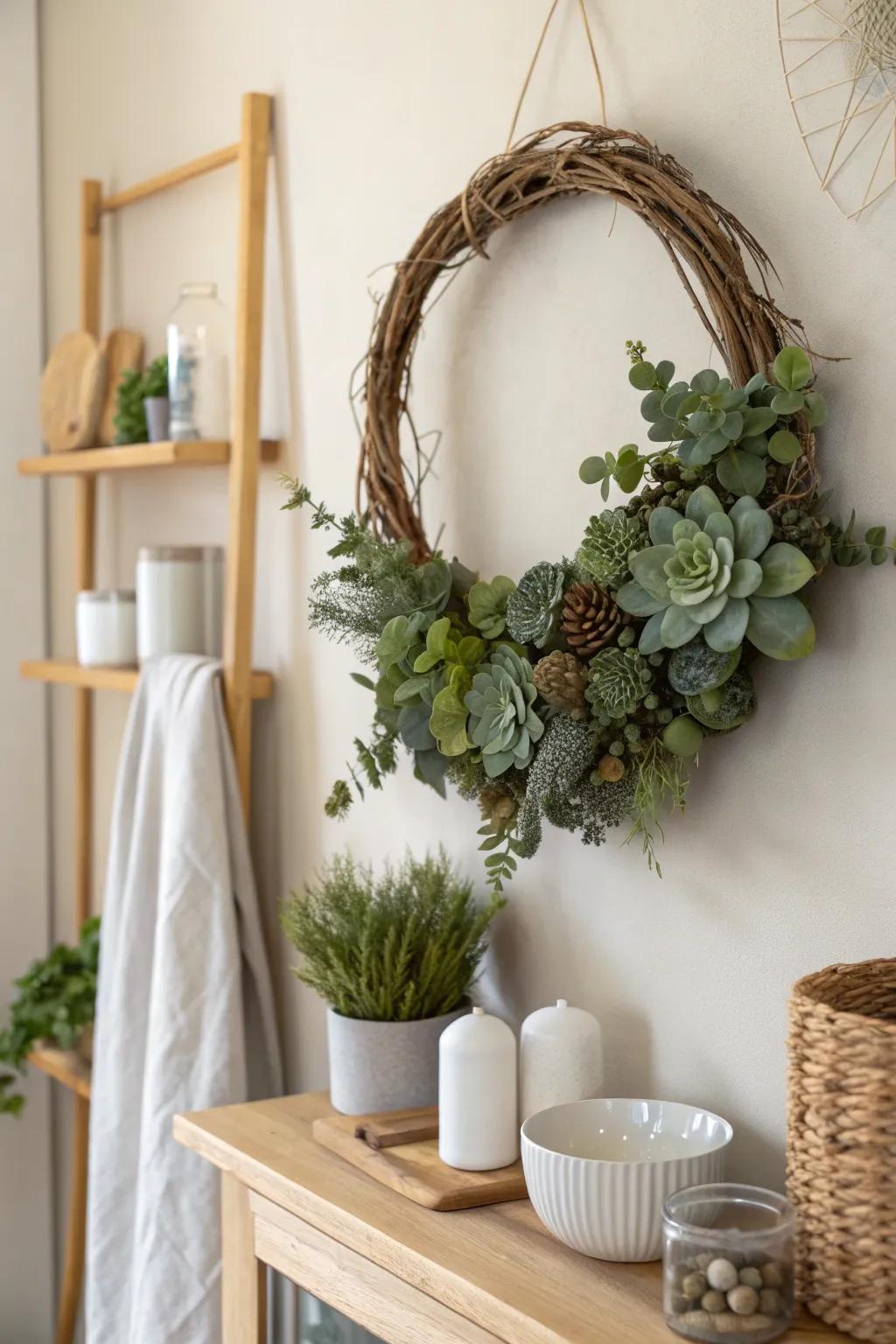 Succulents offer a chic and unique touch to this stunning wreath.