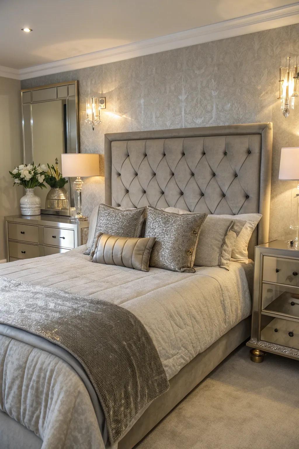 Elevate your bedroom's elegance with metallic accents that reflect light beautifully and add a touch of glam.