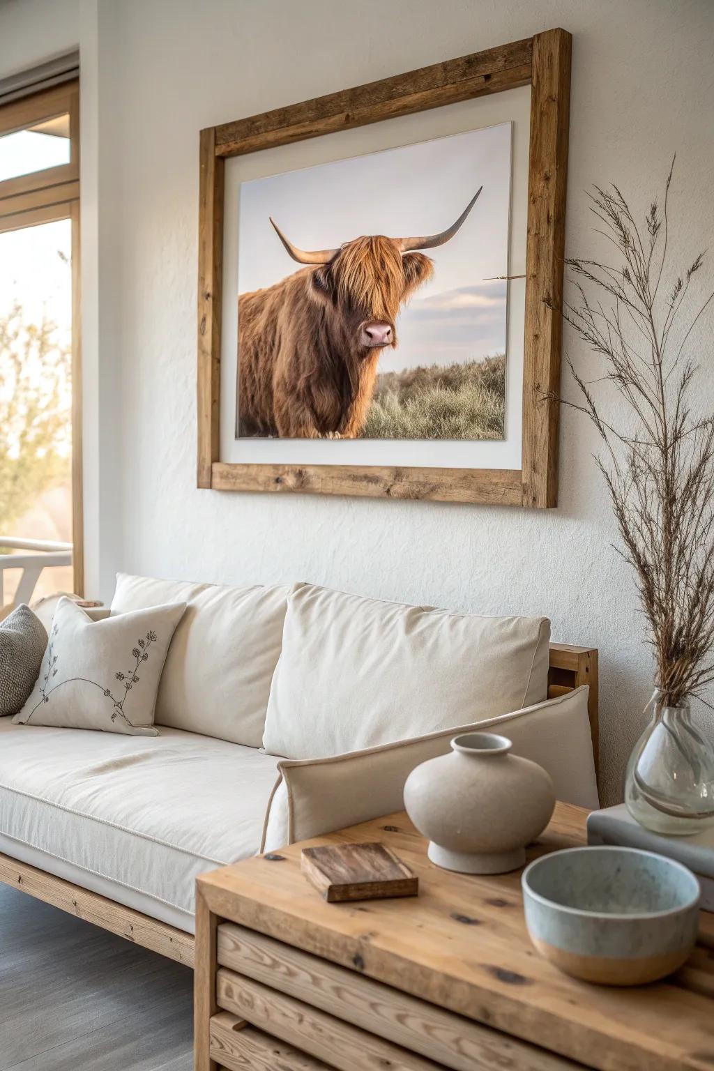 Bring rustic charm to your walls with reclaimed wood frames around your favorite pieces.