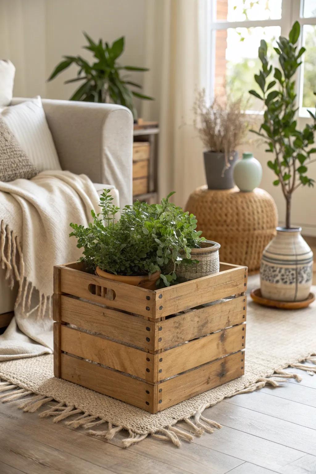 Add rustic charm to your decor with wooden crates brimming with greenery.